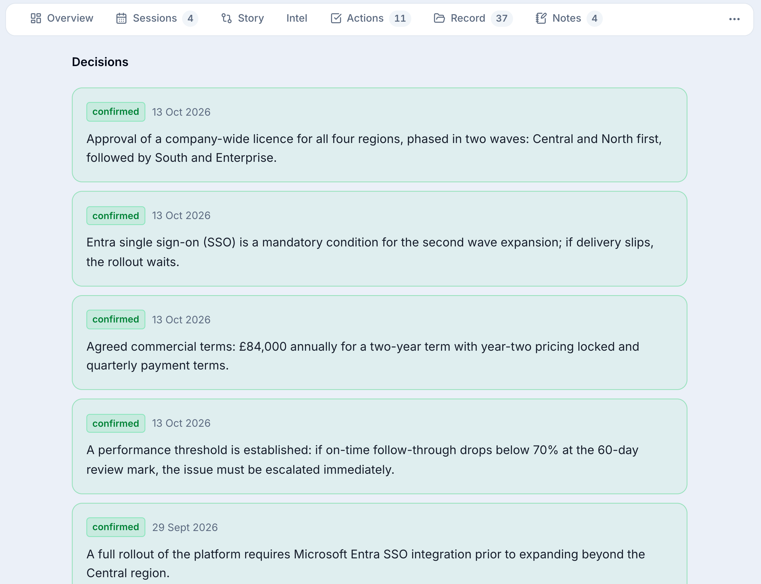 The Outcomes tab: confirmed decisions, each dated
