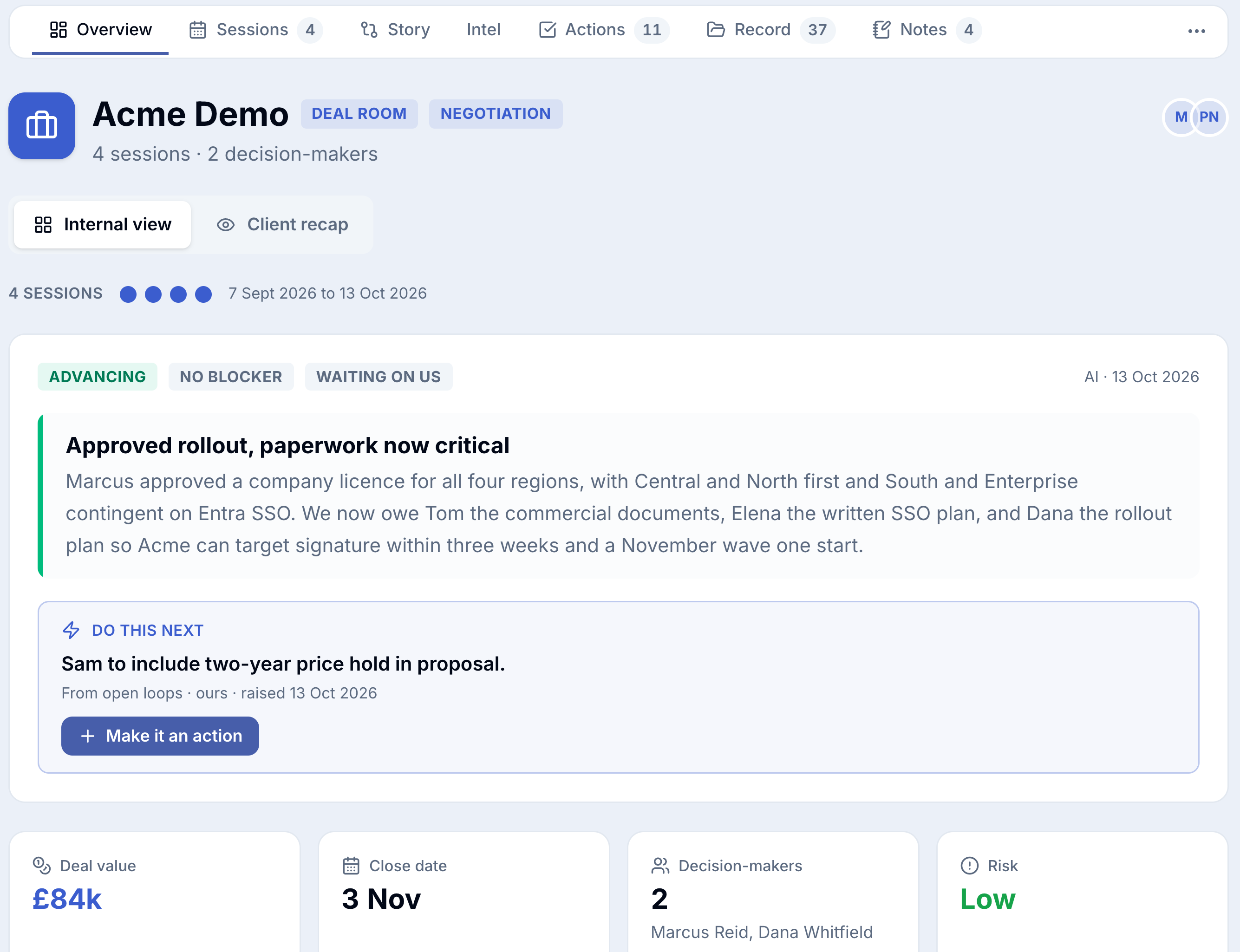 The Acme deal room Overview: Advancing, No blocker, Waiting on us, Do this next and the deal facts